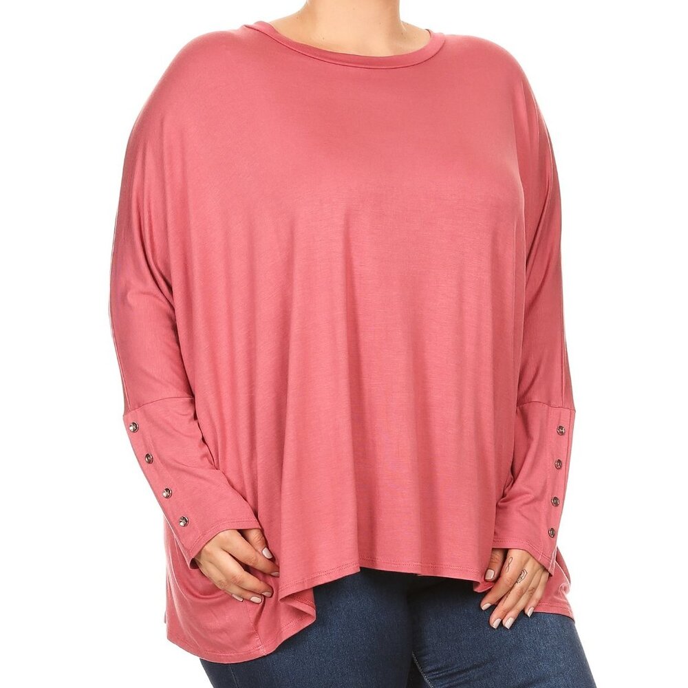 Women Plus Size Long Sleeve Solid Relaxed Fit Knit Top Tee Shirt Blouse Rose
